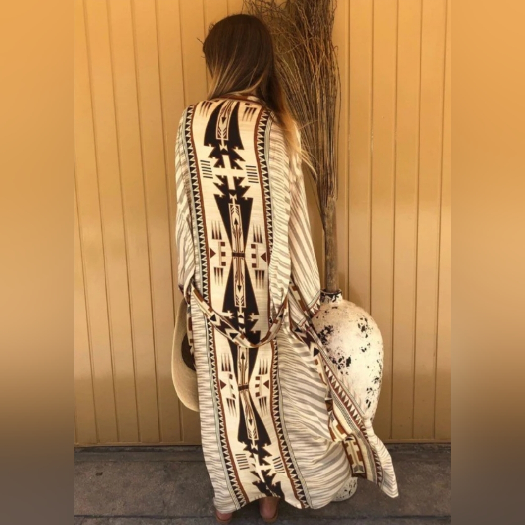 Boho Western Tribal Kimono Duster Maxi Cardigan Robe Tan Black